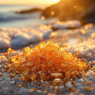 A hyperrealistic close-up of golden amber crystals mixed with coarse sea salt, illuminated by warm amber sunlight, with a rich, honey-like glow and tiny grains catching the light. The background is a blurred coastal beach with ocean mist, evoking a serene, spa-like atmosphere for a candle fragrance note.