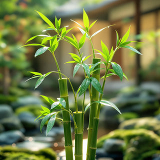 A close-up of vibrant green Buddha bamboo stalks, glistening with dew under soft sunlight. Set against a blurred Zen garden with mossy stones, the scene exudes serene tranquility.