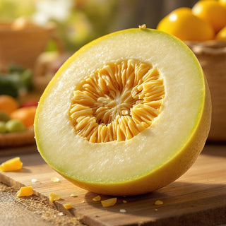 A close-up of a sliced casaba melon, showcasing golden, juicy flesh and a textured rind under warm sunlight. A blurred farmer’s market background adds a fresh, summery feel.