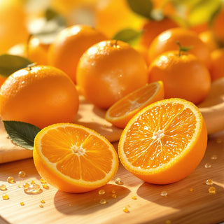 A hyperrealistic close-up of vibrant orange clementines, their glossy peels highlighted by golden sunlight, with one sliced open showing juicy segments. The background is a blurred wooden countertop, suggesting a clean, spa-like setting for a candle fragrance note.