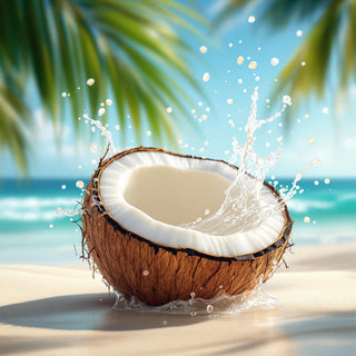 A close-up of a cracked coconut, revealing white flesh and water droplets under bright sunlight. A blurred beach background evokes tropical, creamy freshness.