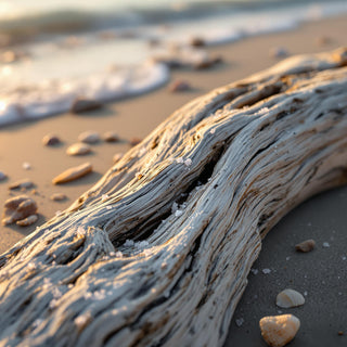 A close-up of weathered driftwood, silver-gray with salt crystals, under golden sunset light. A blurred beach background evokes coastal, woody warmth.