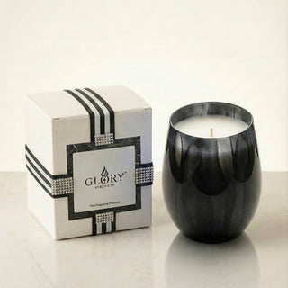 Earth’s Embrace Feng Shui earth element luxury candle in glossy obsidian black glass vessel with GLORY STRENGTH gift box