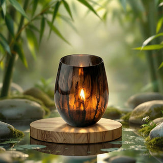 Earth’s Embrace Feng Shui earth element luxury candle lit in tranquil bamboo zen garden with mossy stones and water