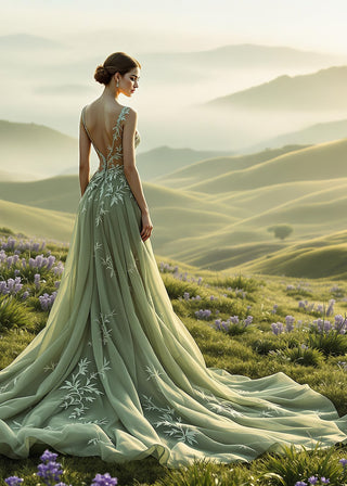 Woman in a long, light green dress standing in a scenic landscape with rolling hills and a tree.
