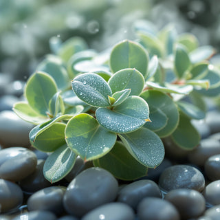 A close-up of silvery-blue eucalyptus leaves, waxy and misted with water droplets, under crisp daylight. A blurred spa-like background enhances the refreshing, clean vibe.