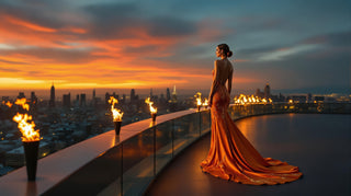 Woman in an orange dress standing on a rooftop with a cityscape and sunset in the background