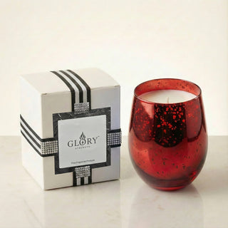 Ember Allure Feng Shui fire element luxury candle in handcrafted red mercury glass vessel with GLORY STRENGTH gift box