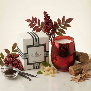 Ember Allure Feng Shui fire element luxury candle in red mercury glass styled with Elemi, wild sumac, smokey vanilla, guaiacwood and GLORY STRENGTH gift box