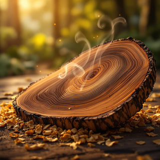 A hyperrealistic close-up of a polished, dark brown guaiacwood slab with rich grain patterns, illuminated by warm amber light, with fine shavings and a faint smoky haze around it. The background is a blurred natural forest floor, evoking an earthy, spa-like atmosphere for a candle fragrance note.