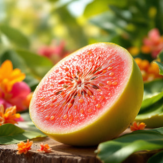 A close-up of a sliced guava, vibrant pinkish-orange flesh with seeds under bright sunlight. A blurred tropical orchard background evokes lush, sweet vibrancy.