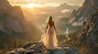 Woman in a flowing dress standing on a mountain peak at sunset.