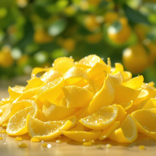 A hyperrealistic close-up of bright yellow lemon peels, slightly curled and glossy, illuminated by soft afternoon sunlight, with tiny juice droplets glistening on their waxy surfaces. The background is a blurred citrus grove, suggesting a tranquil, spa-like setting for a candle fragrance note.