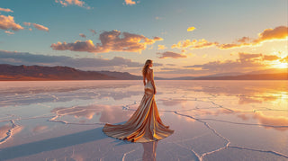 Woman in a flowing dress standing on a salt flat at sunset.