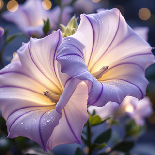 A hyperrealistic close-up of white and purple-tinted moonflowers with delicate, trumpet-shaped petals, illuminated by soft moonlight, with dewdrops glistening on their velvety surfaces. The background is a blurred moonlit garden, evoking a dreamy, spa-like atmosphere for a candle fragrance note.