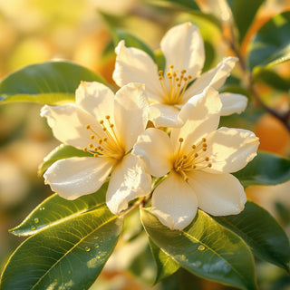 A hyperrealistic close-up of glossy white orange blossoms with tiny green buds, illuminated by golden sunlight, with dewdrops glistening on their velvety petals and glossy leaves. The background is a blurred citrus grove, evoking a serene, spa-like atmosphere for a candle fragrance note.