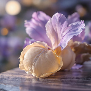 A close-up of an orris root and pale violet iris petal, velvety under soft moonlight. A blurred botanical garden background evokes powdery, floral elegance.