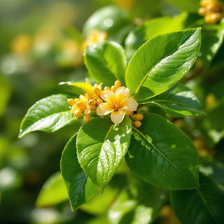 A hyperrealistic close-up of glossy green petitgrain leaves and tiny orange blossoms, illuminated by soft afternoon sunlight, with dewdrops glistening on the leaves. The background is a blurred coastal garden with ocean mist, evoking a serene, spa-like atmosphere for a candle fragrance note.