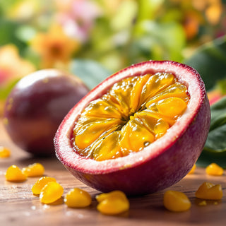 A close-up of a sliced passionfruit, golden-yellow pulp with seeds under bright sunlight. A blurred tropical jungle background evokes vibrant, zesty freshness.