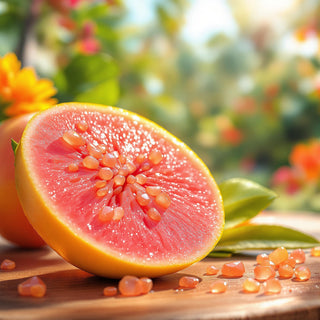 A close-up of a sliced pink guava, vibrant pink-orange flesh with seeds under bright sunlight. A blurred tropical orchard background evokes juicy, exotic vibrancy.