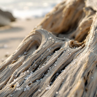 A hyperrealistic close-up of a polished, grayish-brown driftwood piece with a weathered surface, illuminated by soft sunlight through a coastal haze, speckled with tiny salt crystals. The background is a blurred beach shoreline with ocean waves, evoking a tranquil, spa-like atmosphere for a candle fragrance note.