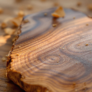 A hyperrealistic close-up of a polished, golden-brown sandalwood slab with intricate grain patterns, illuminated by warm amber light, with fine shavings around it. The background is a blurred natural wooden surface, evoking an earthy, spa-like atmosphere for a candle fragrance note.