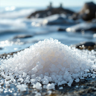 A close-up of coarse sea salt crystals glistening with faint moisture under cool light, set against a blurred coastal seascape with waves and rocks.