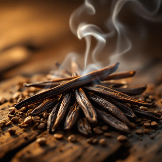 A hyperrealistic close-up of dark brown, glossy vanilla beans split open to show creamy interiors and tiny seeds, with a faint wisp of smoke curling upward, illuminated by amber light. The background is a blurred wooden surface with a hint of charred wood, evoking a cozy, spa-like atmosphere for a candle fragrance note.