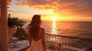 Woman standing on a balcony overlooking the ocean at sunset.
