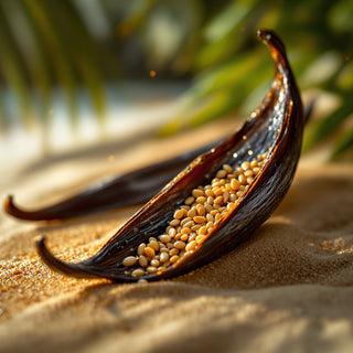 A close-up of a split Tahitian vanilla pod, dark brown with creamy seeds, under golden candlelight. A blurred tropical island background evokes rich, sweet tranquility.