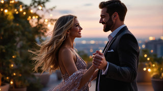 Couple dancing together with a blurred cityscape background