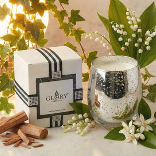 Legacy Collection Today flagship luxury candle in antique silver mercury glass styled with lily of the valley, sun drenched ivy, sandalwood and GLORY STRENGTH gift box