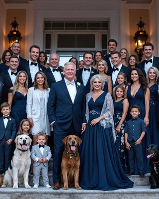 Large family gathering with adults, children, and dogs on a staircase in front of a grand building.