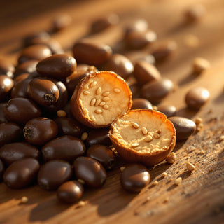 A hyperrealistic close-up of dark brown, glossy tonka beans, illuminated by golden sunlight, with one bean split open showing a creamy interior and tiny seeds. The background is a blurred wooden surface, suggesting a cozy, spa-like setting for a candle fragrance note.