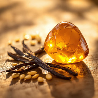 A hyperrealistic close-up of a polished amber stone and a split vanilla bean, both golden-brown, illuminated by golden sunlight, with the amber’s glossy sheen and the bean’s creamy seeds visible. The background is a blurred wooden surface, evoking a cozy, spa-like atmosphere for a candle fragrance note.