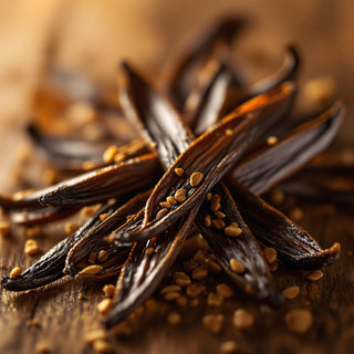 A hyperrealistic close-up of dark brown, glossy vanilla beans, split open to show creamy interiors and tiny seeds, illuminated by warm golden light. The background is a blurred wooden surface, suggesting a cozy, spa-like setting for a candle fragrance note.