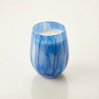 Azure Coastal Bliss Feng Shui water element luxury candle in hand-painted blue marbled glass vessel on clean ivory background