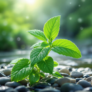 A close-up of vibrant watermint leaves, dewy and green under cool morning light. A blurred riverside background evokes crisp, refreshing vitality.
