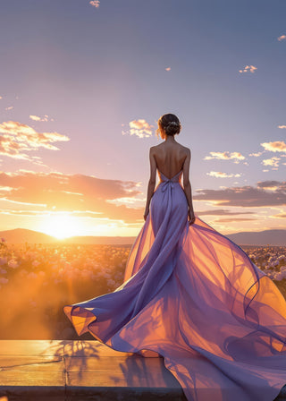 Woman in a pink dress standing on a wooden platform with a sunset and floral background