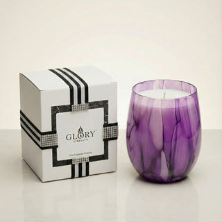 Enigmatic Bloom Feng Shui wood element luxury candle in hand-painted purple marbled glass vessel with GLORY STRENGTH gift box