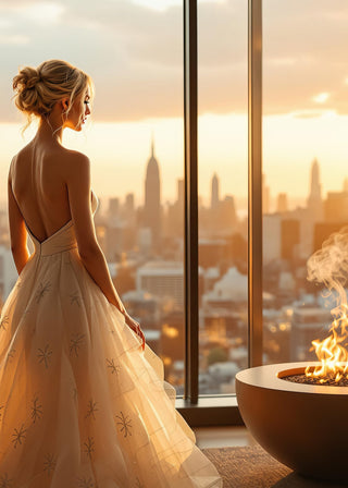Woman in a wedding dress standing by a large window with a cityscape view during sunset.