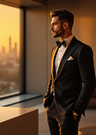 Man in a tuxedo standing in a luxurious room with a cityscape view and fireplace.